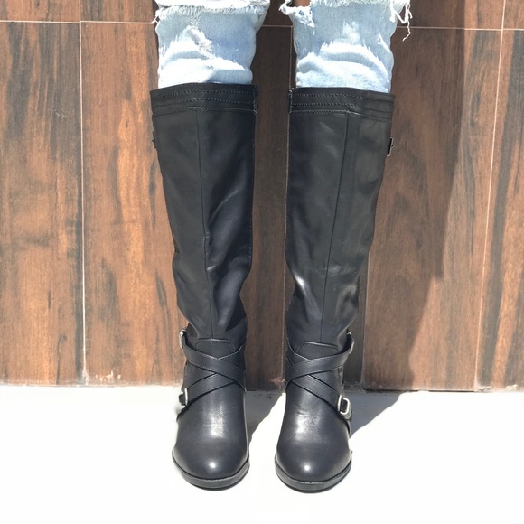 Black Knee High Tall Studded Block Heel Boots - Picture 3 of 5